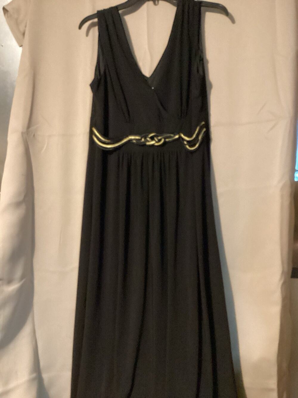 Grecian Black Maxi Dress Evening Gown Gold Metallic Twisted Snake Waist V-Neck